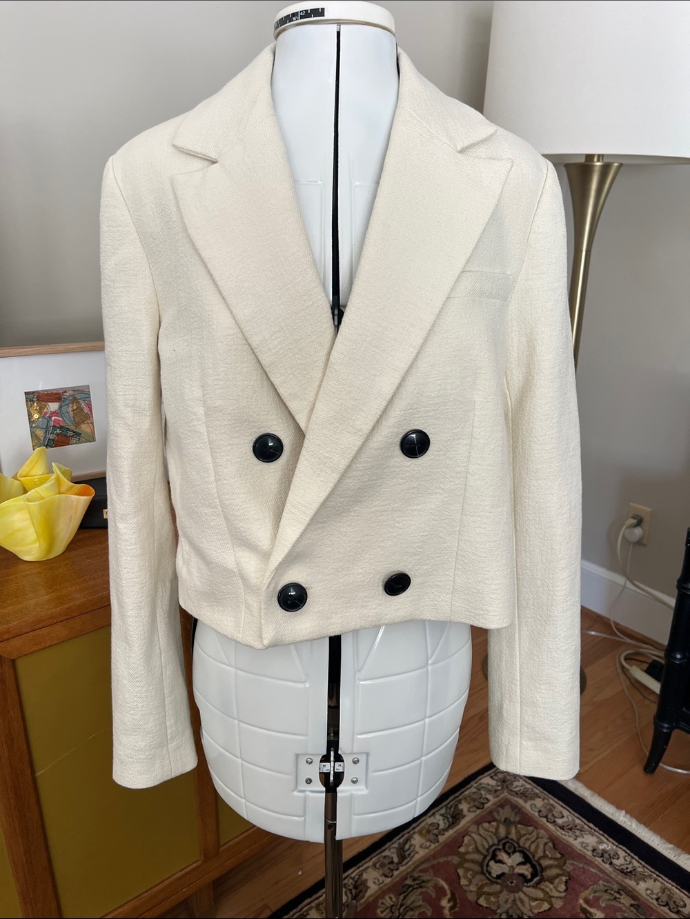 Maeve Ivory Cropped Double-Breasted Blazer with Contrast Buttons